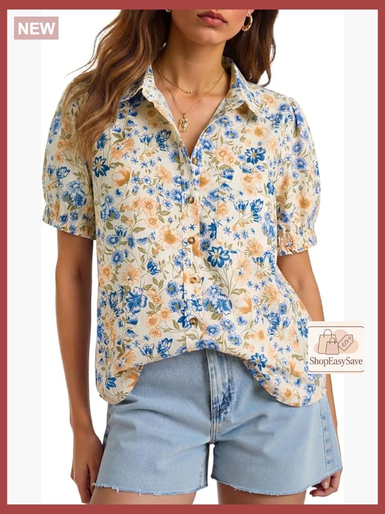Floral Puff Sleeve Button Down Blouse Linen Look Loose Fit Casual Work Top